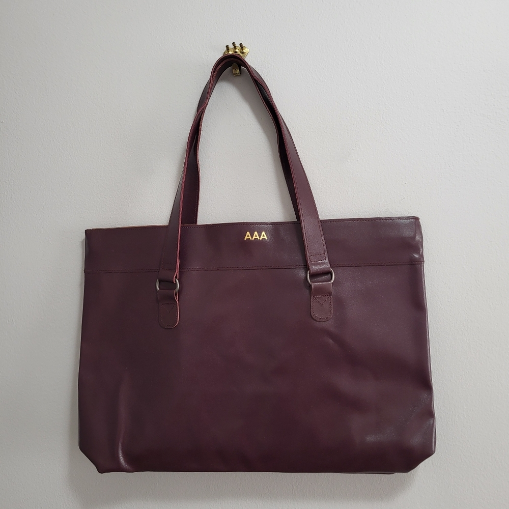 Lillian Vernon Genuine Leather Burgundy Personalized Initials AAA Tote Bag